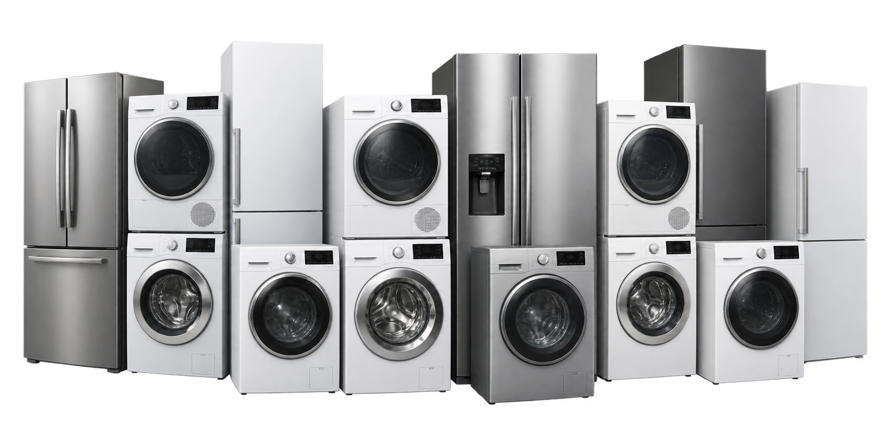 Wasmachines, drogers, koelkasten en vriezers naast elkaar
